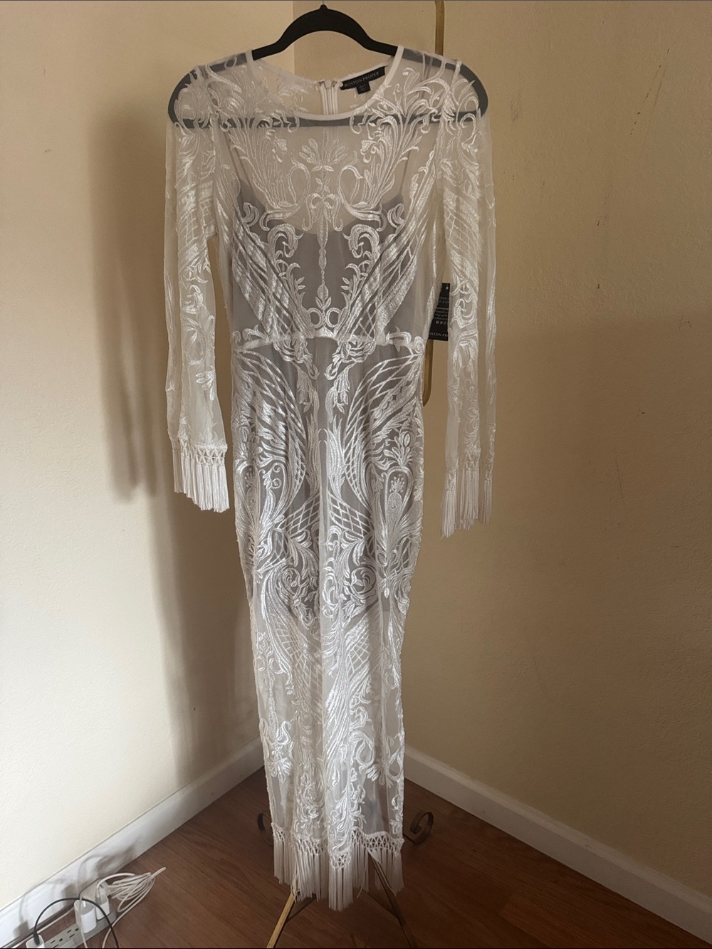Boston Proper White Sheer Embroidered Maxi Dress with Fringe